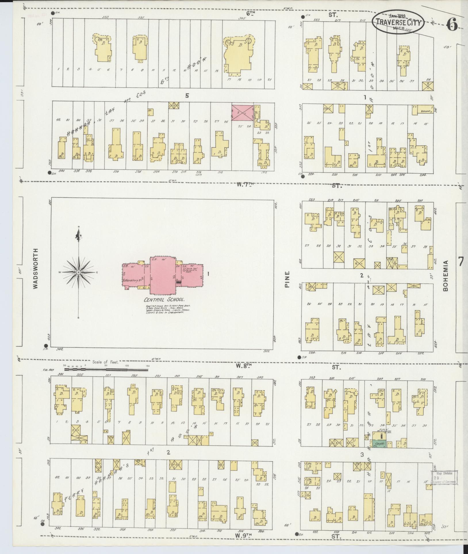 Sanborn Fire Insurance Map from Traverse City, Grand Traverse County, Michigan (1899), Sheet #0006 - Historic Sanborn Fire Insurance Map Print, vintage old map wall art, antique decor, genealogy gift, Michigan Michigan map