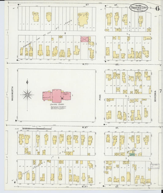 Sanborn Fire Insurance Map from Traverse City, Grand Traverse County, Michigan (1899), Sheet #0006 - Historic Sanborn Fire Insurance Map Print, vintage old map wall art, antique decor, genealogy gift, Michigan Michigan map