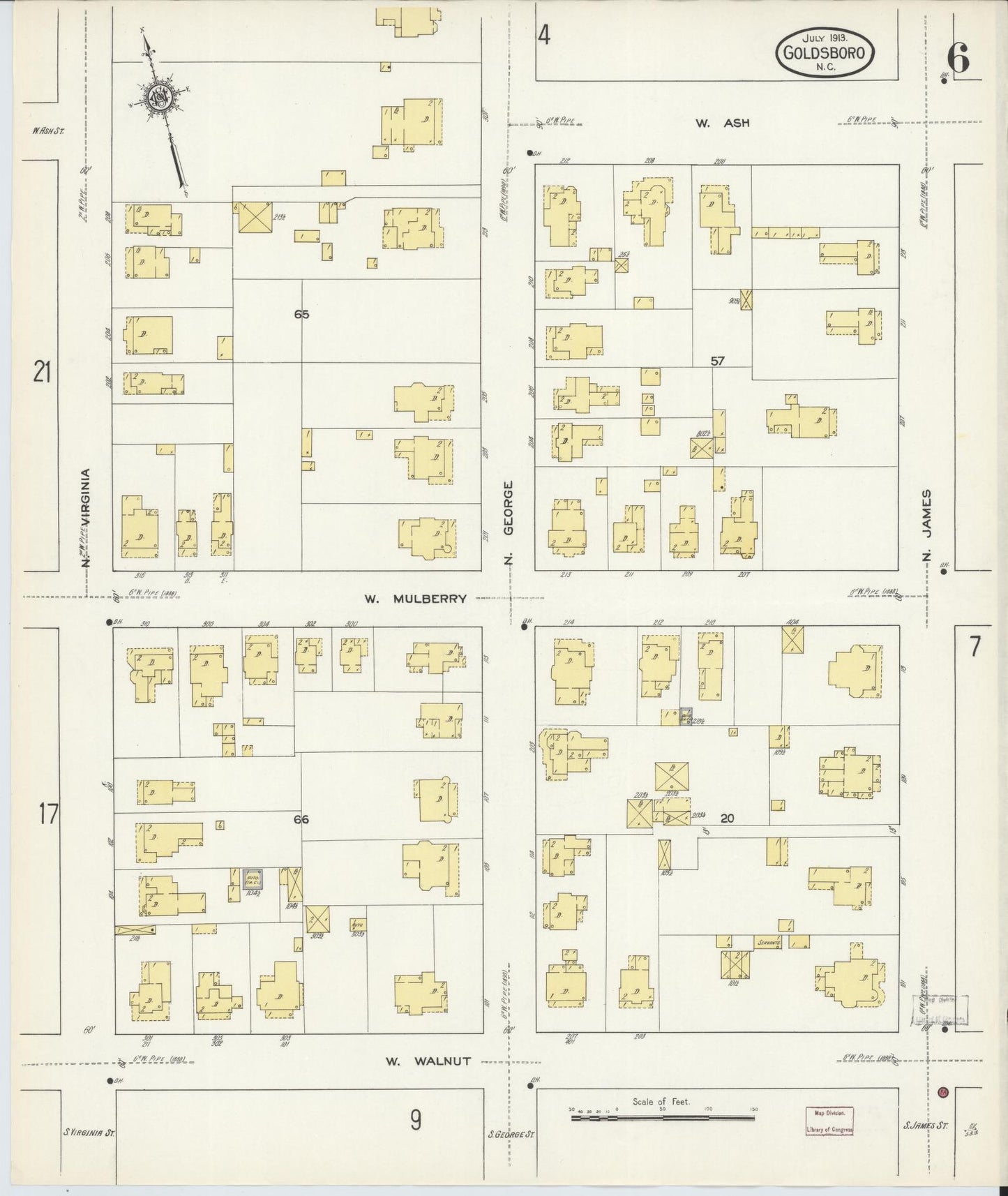 Sanborn Fire Insurance Map from Goldsboro, Wayne County, North Carolina (1913), Sheet #0006 - Complete Map Set gallery image, historic Sanborn map, vintage wall art, North Carolina North Carolina