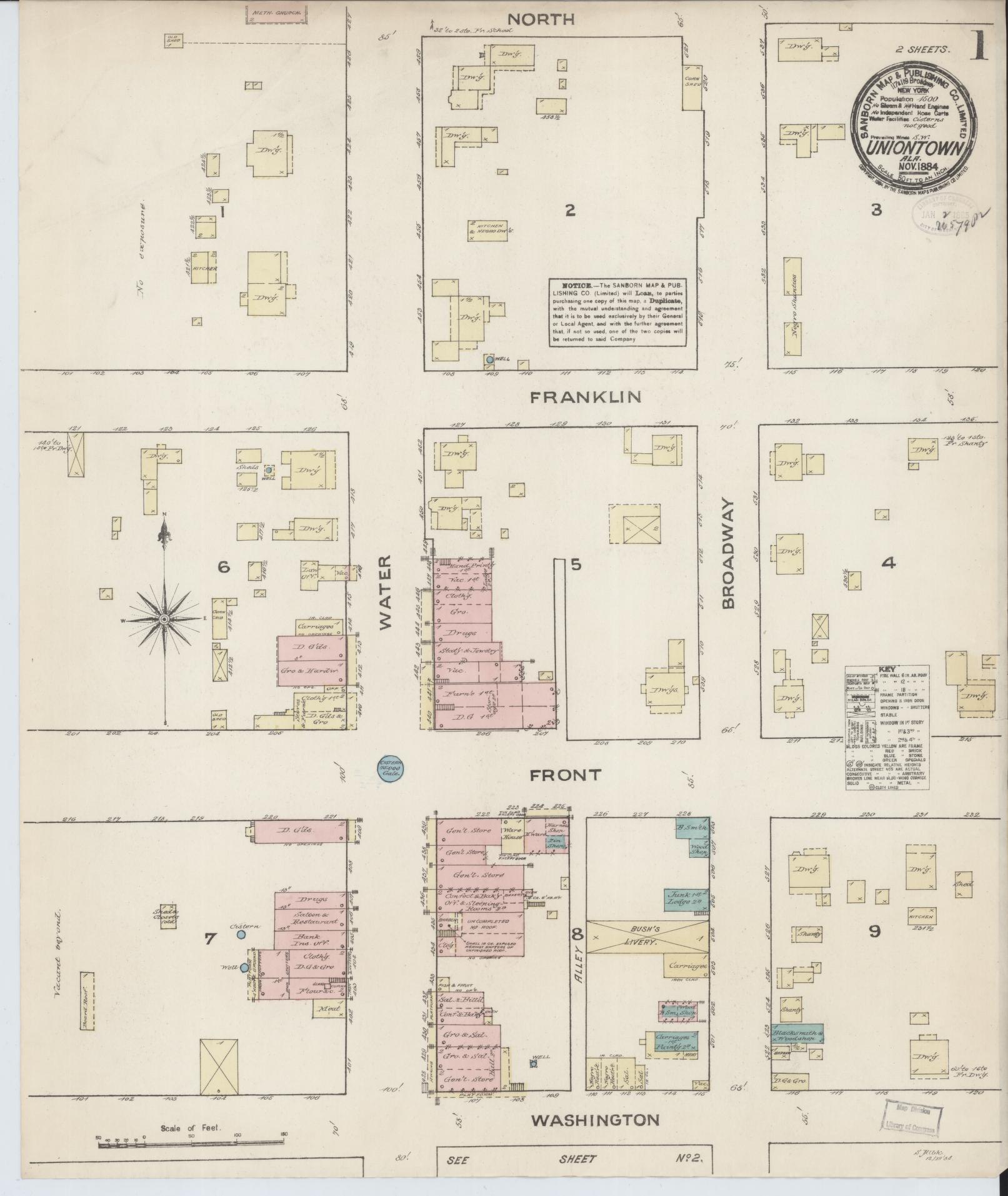 Sanborn Fire Insurance Map from Uniontown, Perry County, Alabama (1884), Sheet #0001 - Complete Map Set gallery image, historic Sanborn map, vintage wall art, Alabama Alabama