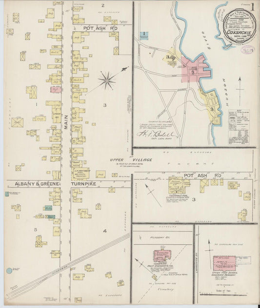 Sanborn Fire Insurance Map from Coxsackie, Greene County, New York (1886), Sheet #0001 - Historic Sanborn Fire Insurance Map Print, vintage old map wall art, antique decor, genealogy gift, New York New York map
