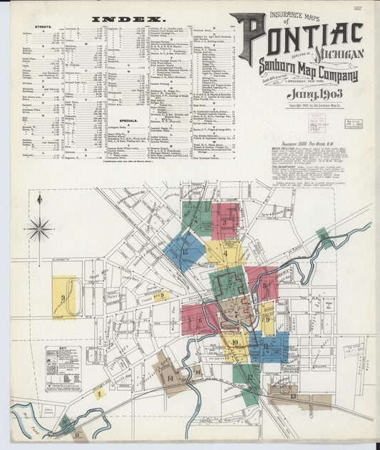 Sanborn Fire Insurance Map from Pontiac, Oakland County, Michigan (1903), Sheet #0001 - Historic Sanborn Fire Insurance Map Print, vintage old map wall art, antique decor, genealogy gift, Michigan Michigan map