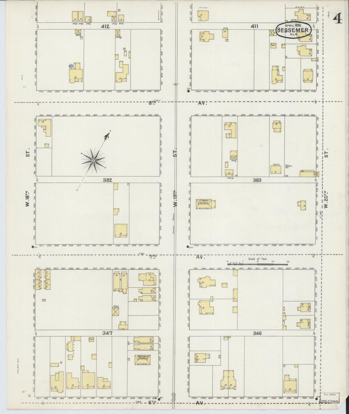 Sanborn Fire Insurance Map from Bessemer, Jefferson County, Alabama (1895), Sheet #0004 - Historic Sanborn Fire Insurance Map Print, vintage old map wall art, antique decor, genealogy gift, Alabama Alabama map