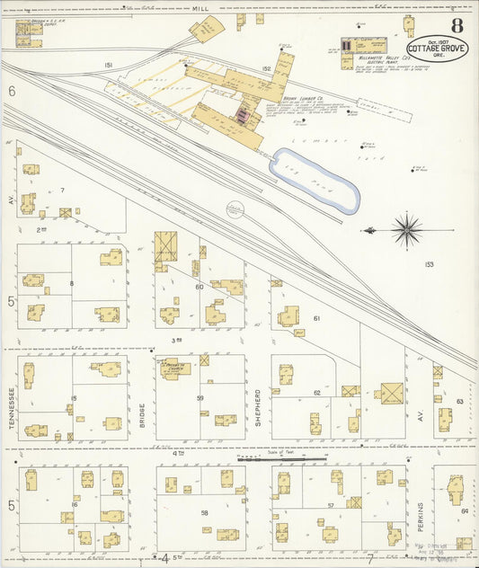 Sanborn Fire Insurance Map from Cottage Grove, Lane County, Oregon (1907), Sheet #0008 - Historic Sanborn Fire Insurance Map Print, vintage old map wall art, antique decor, genealogy gift, Oregon Oregon map