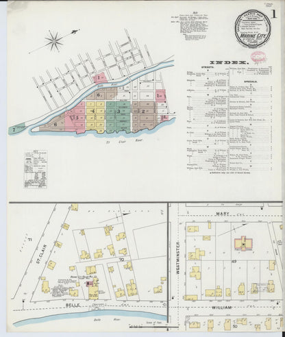 Sanborn Fire Insurance Map from Marine City, Saint Clair County, Michigan (1895), Sheet #0001 - Complete Map Set gallery image, historic Sanborn map, vintage wall art, Michigan Michigan