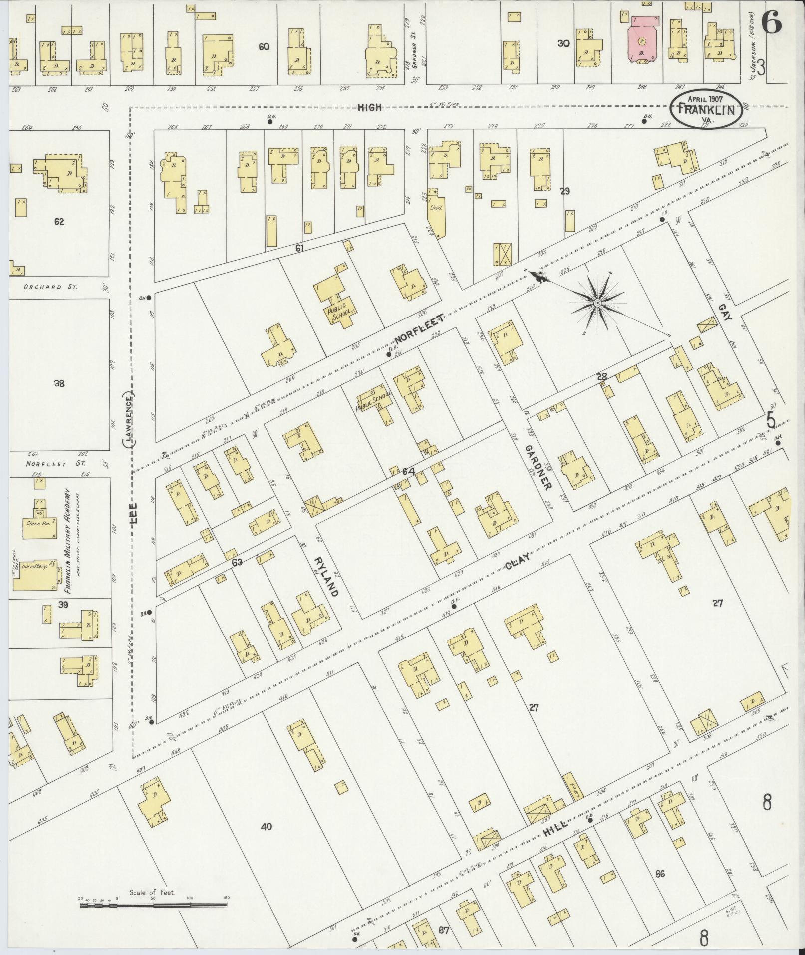 Sanborn Fire Insurance Map from Franklin, Independent Cities, Virginia (1907), Sheet #0006 - Complete Map Set gallery image, historic Sanborn map, vintage wall art, Virginia Virginia