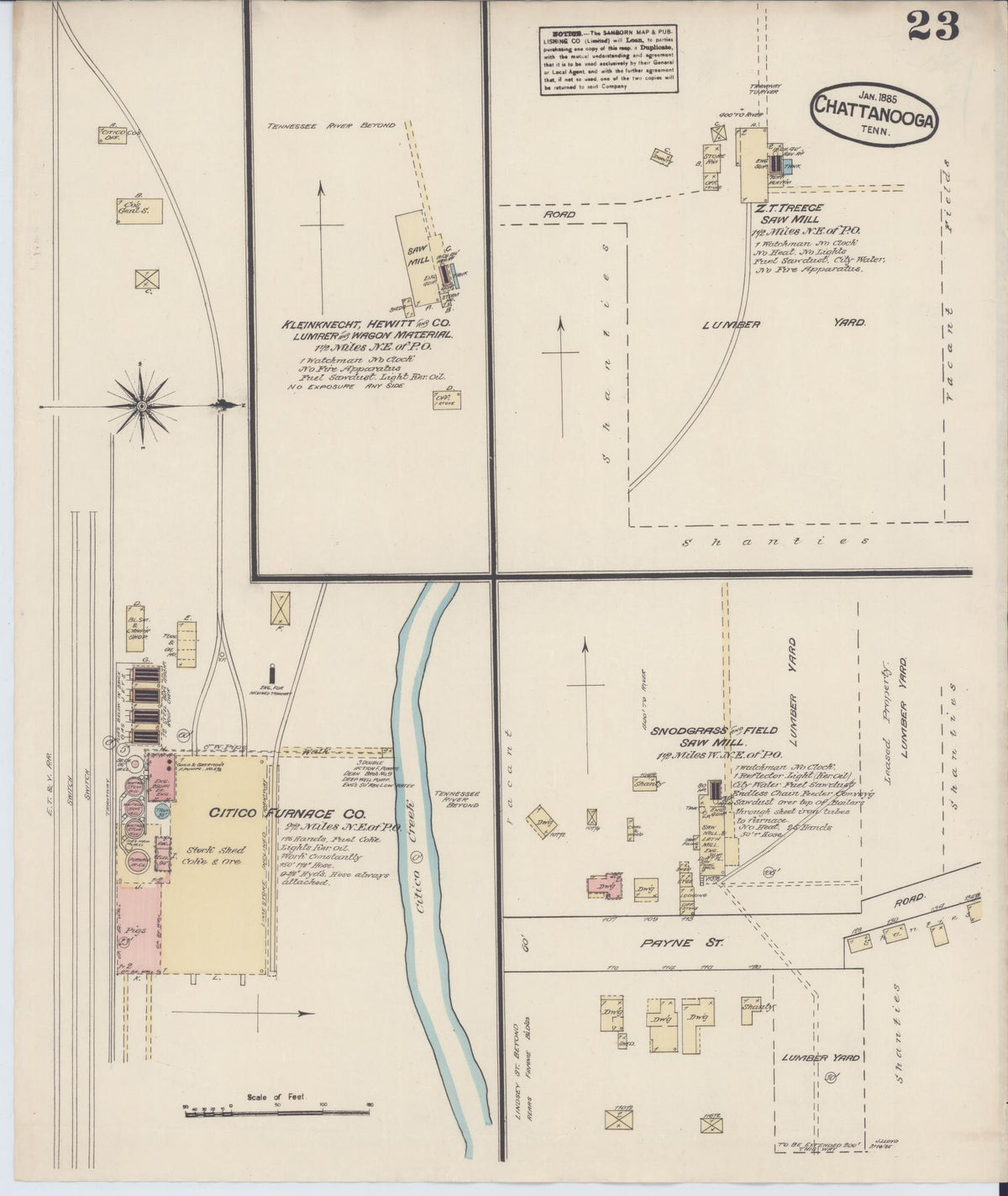 Sanborn Fire Insurance Map from Chattanooga, Hamilton County, Tennessee (1885), Sheet #0023 - Historic Sanborn Fire Insurance Map Print, vintage old map wall art, antique decor, genealogy gift, Tennessee Tennessee map