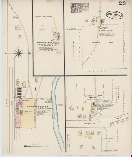 Sanborn Fire Insurance Map from Chattanooga, Hamilton County, Tennessee (1885), Sheet #0023 - Historic Sanborn Fire Insurance Map Print, vintage old map wall art, antique decor, genealogy gift, Tennessee Tennessee map