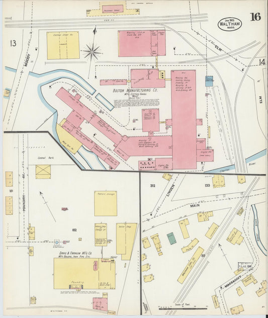 Sanborn Fire Insurance Map from Waltham, Middlesex County, Massachusetts (1903), Sheet #0016 - Historic Sanborn Fire Insurance Map Print, vintage old map wall art, antique decor, genealogy gift, Massachusetts Massachusetts map