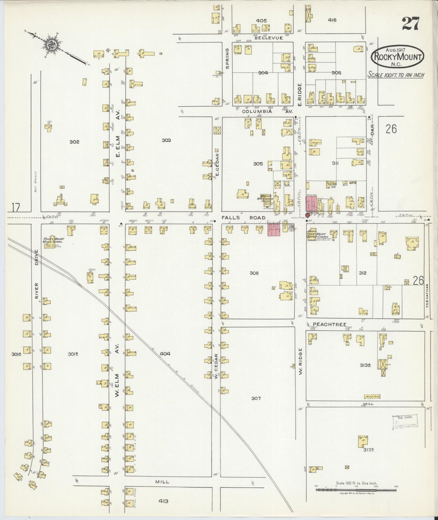 Sanborn Fire Insurance Map from Rocky Mount, Edgecombe And Nash Counties, North Carolina (1917), Sheet #0027 - Historic Sanborn Fire Insurance Map Print, vintage old map wall art, antique decor, genealogy gift, North Carolina North Carolina map