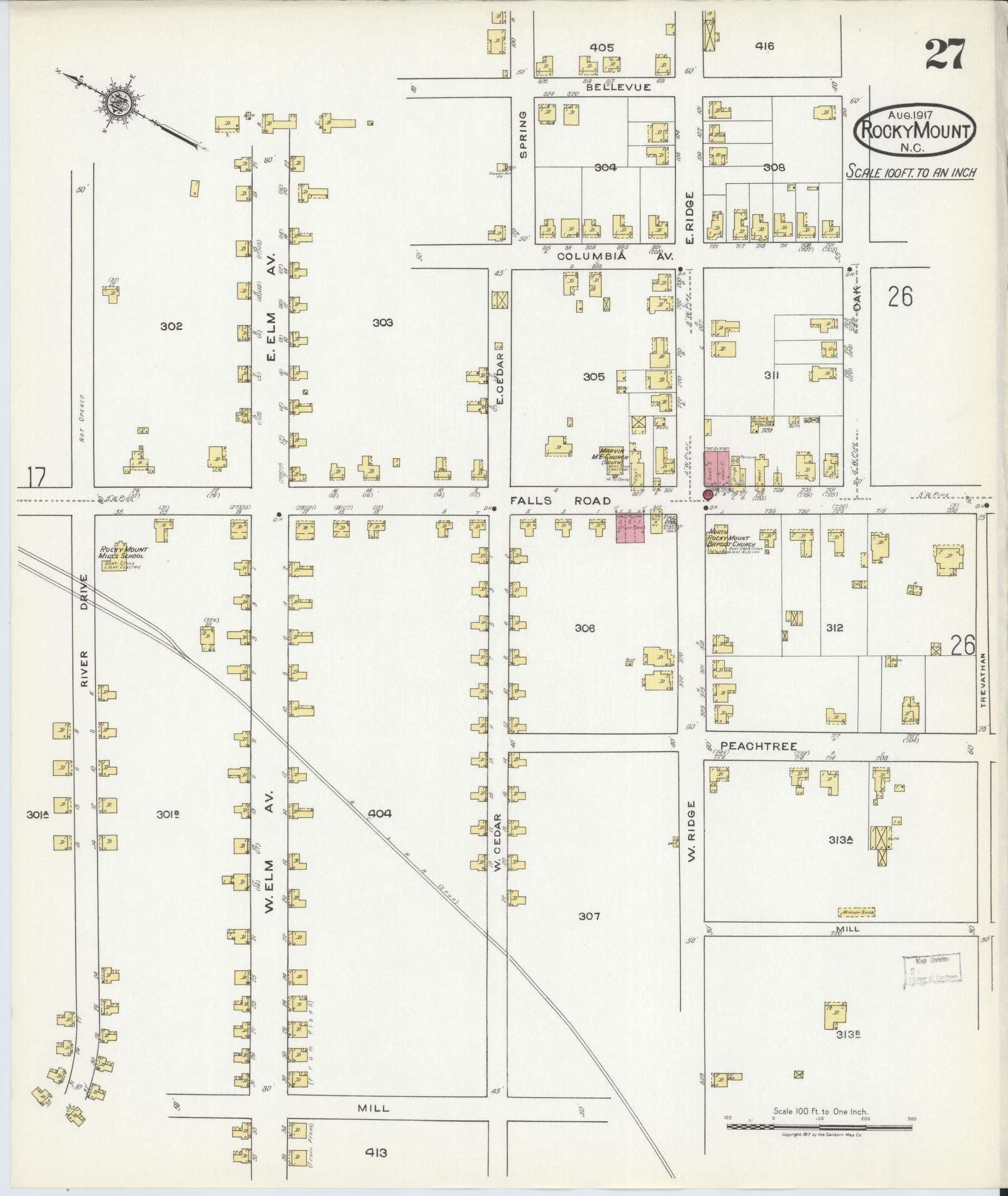 Sanborn Fire Insurance Map from Rocky Mount, Edgecombe And Nash Counties, North Carolina (1917), Sheet #0027 - Historic Sanborn Fire Insurance Map Print, vintage old map wall art, antique decor, genealogy gift, North Carolina North Carolina map