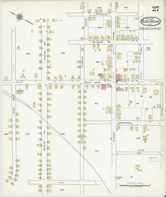 Sanborn Fire Insurance Map from Rocky Mount, Edgecombe And Nash Counties, North Carolina (1917), Sheet #0027 - Historic Sanborn Fire Insurance Map Print, vintage old map wall art, antique decor, genealogy gift, North Carolina North Carolina map