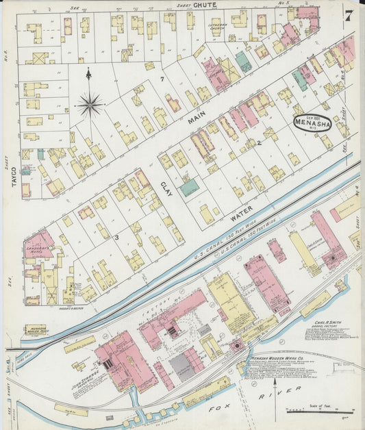 Sanborn Fire Insurance Map from Menasha, Winnebago County, Wisconsin (1891), Sheet #0007 - Historic Sanborn Fire Insurance Map Print, vintage old map wall art, antique decor, genealogy gift, Wisconsin Wisconsin map