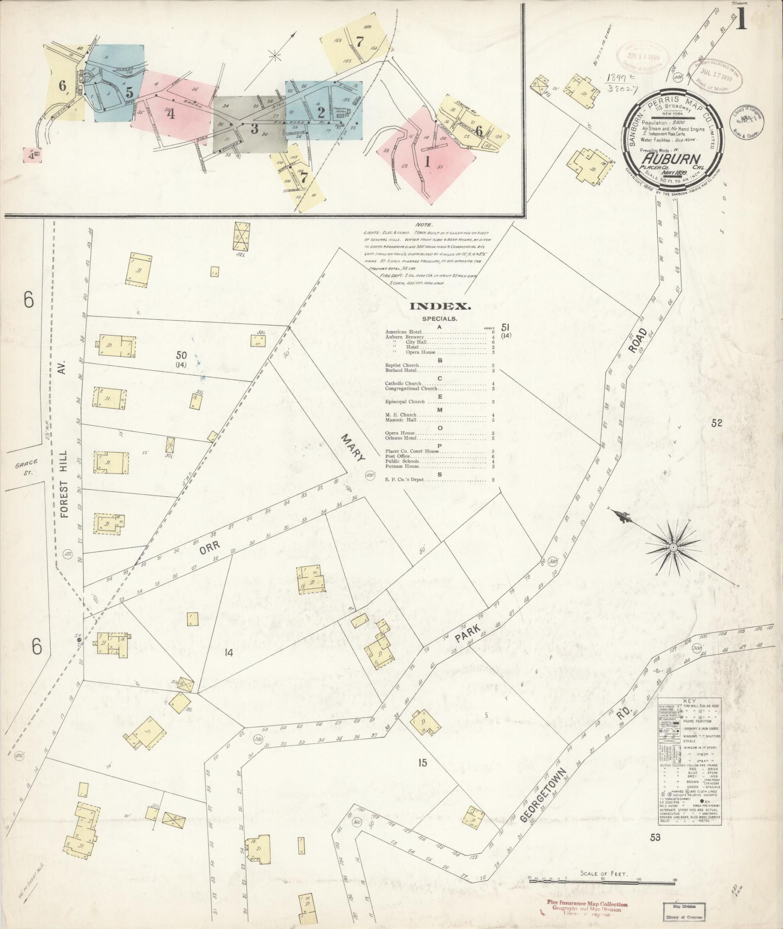 Sanborn Fire Insurance Map from Auburn, Placer County, California (1899), Sheet #0001 - Historic Sanborn Fire Insurance Map Print, vintage old map wall art, antique decor, genealogy gift, California California map