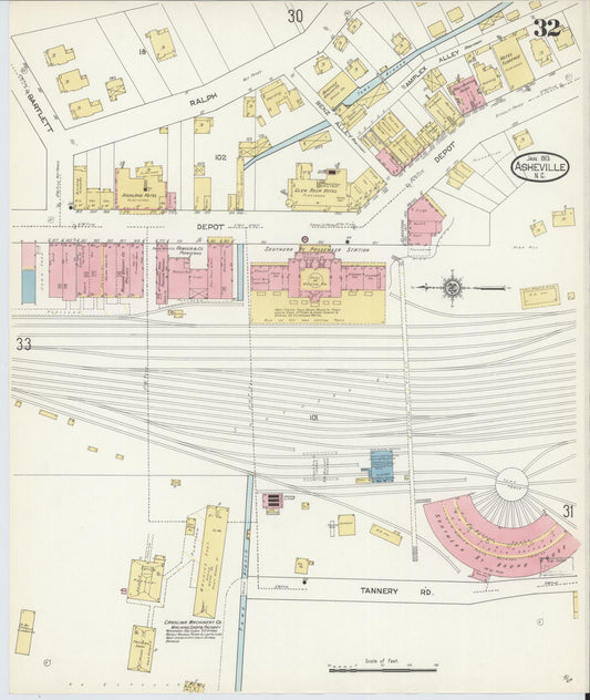 Sanborn Fire Insurance Map from Asheville, Buncombe County, North Carolina (1913), Sheet #0032 - Historic Sanborn Fire Insurance Map Print, vintage old map wall art, antique decor, genealogy gift, North Carolina North Carolina map