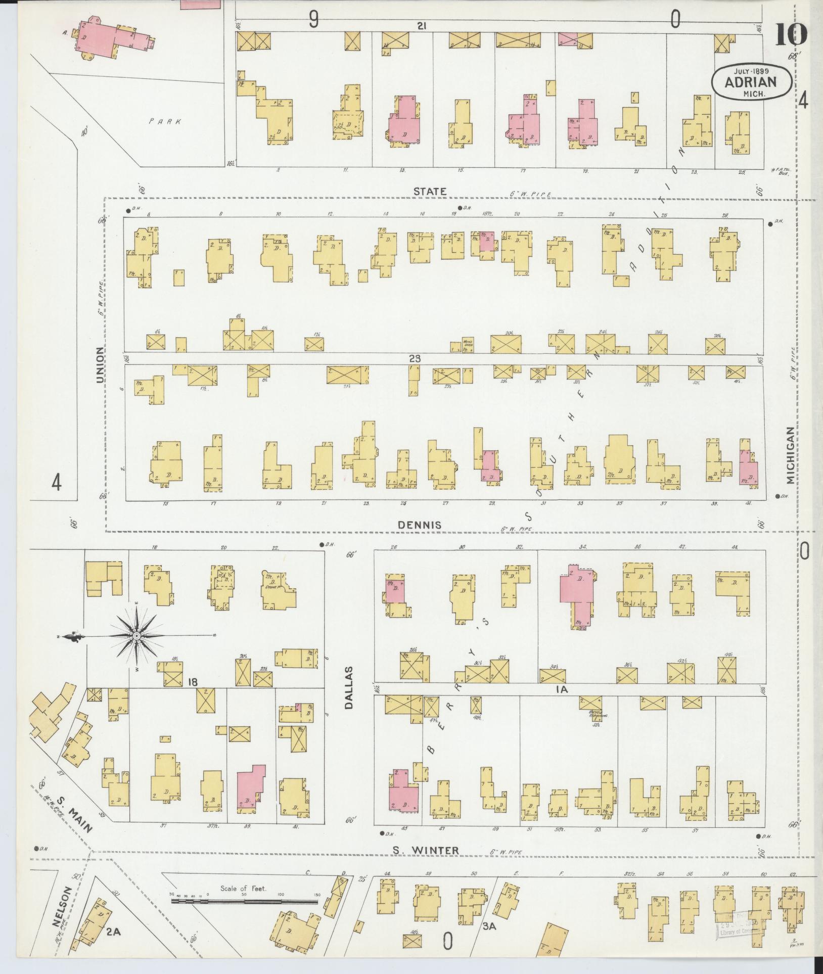 Sanborn Fire Insurance Map from Adrian, Lenawee County, Michigan (1899), Sheet #0010 - Historic Sanborn Fire Insurance Map Print, vintage old map wall art, antique decor, genealogy gift, Michigan Michigan map