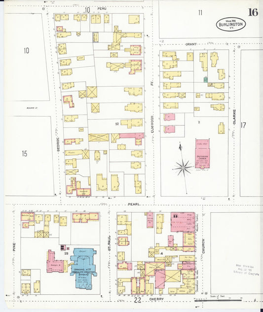 Sanborn Fire Insurance Map from Burlington, Chittenden County, Vermont (1906), Sheet #0016 - Historic Sanborn Fire Insurance Map Print, vintage old map wall art, antique decor, genealogy gift, Vermont Vermont map
