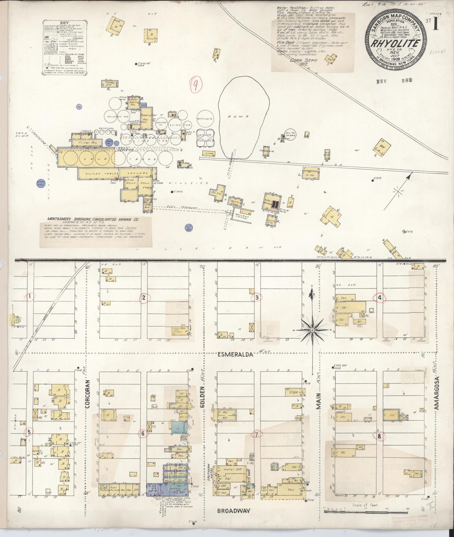 Sanborn Fire Insurance Map from Rhyolite, Nye County, Nevada (1912), Sheet #0001 - Complete Map Set gallery image, historic Sanborn map, vintage wall art, Nevada Nevada