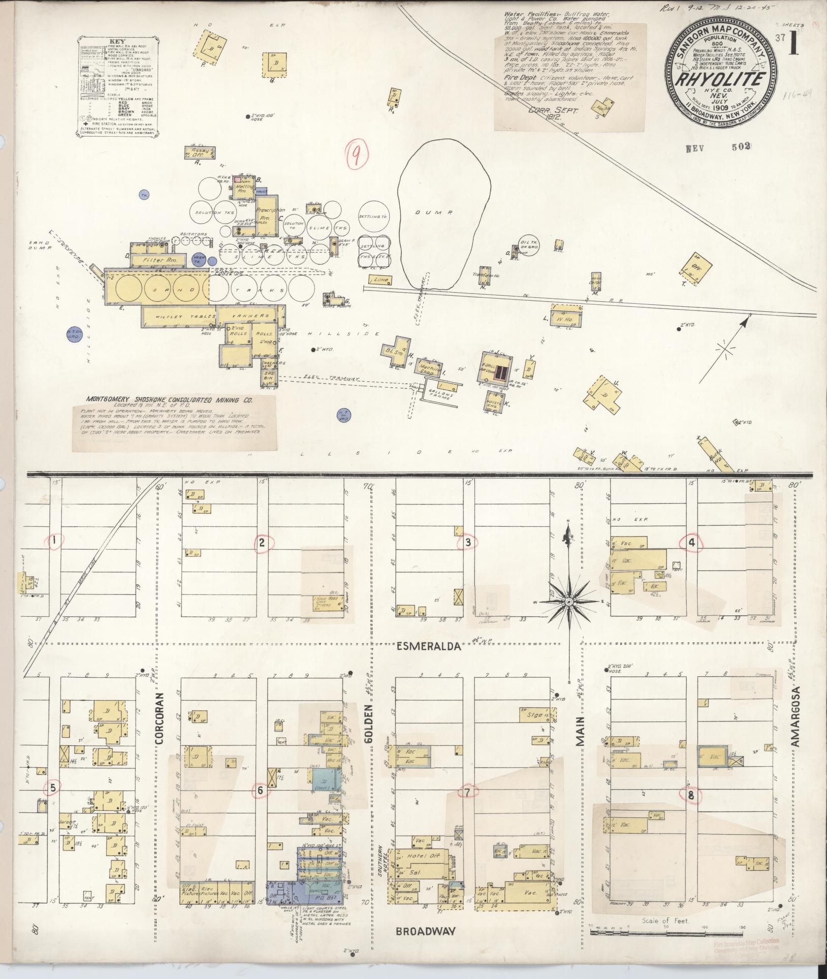 Sanborn Fire Insurance Map from Rhyolite, Nye County, Nevada (1912), Sheet #0001 - Complete Map Set gallery image, historic Sanborn map, vintage wall art, Nevada Nevada