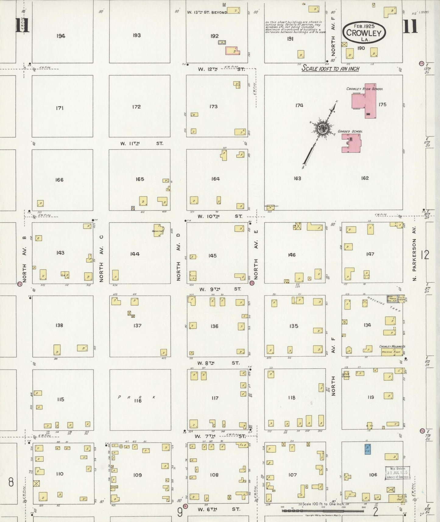 Sanborn Fire Insurance Map from Crowley, Acadia Parish, Louisiana (1925), Sheet #0011 - Complete Map Set gallery image, historic Sanborn map, vintage wall art, Louisiana Louisiana