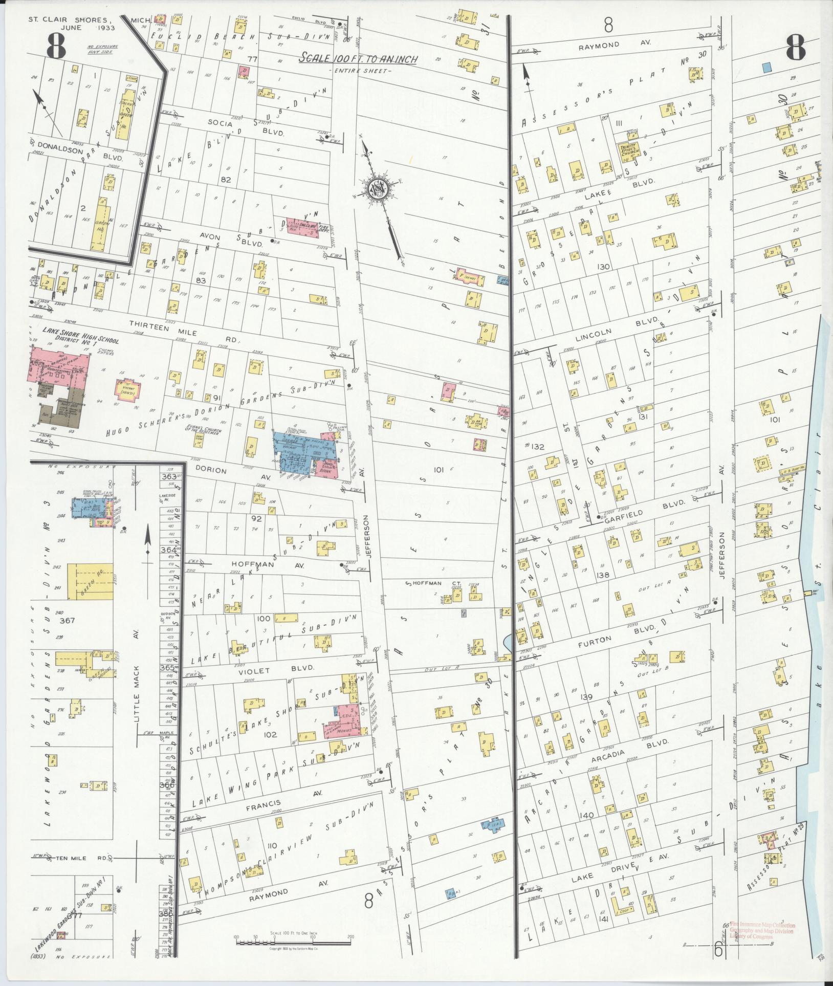 Sanborn Fire Insurance Map from Saint Clair Shores, Macomb County, Michigan (1933), Sheet #0008 - Complete Map Set gallery image, historic Sanborn map, vintage wall art, Michigan Michigan