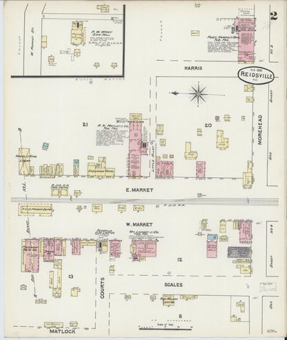 Sanborn Fire Insurance Map from Reidsville, Rockingham County, North Carolina (1890), Sheet #0002 - Historic Sanborn Fire Insurance Map Print, vintage old map wall art, antique decor, genealogy gift, North Carolina North Carolina map