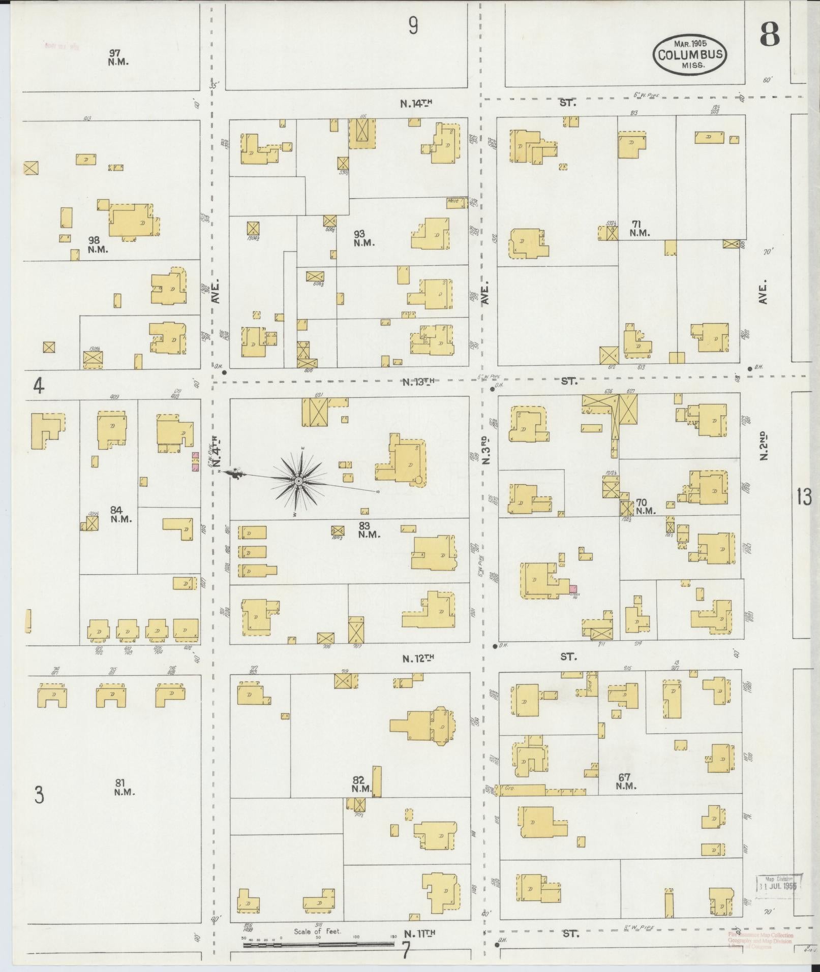 Sanborn Fire Insurance Map from Columbus, Lowndes County, Mississippi (1905), Sheet #0008 - Historic Sanborn Fire Insurance Map Print, vintage old map wall art, antique decor, genealogy gift, Mississippi Mississippi map