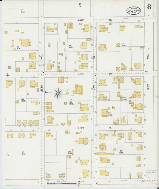 Sanborn Fire Insurance Map from Columbus, Lowndes County, Mississippi (1905), Sheet #0008 - Historic Sanborn Fire Insurance Map Print, vintage old map wall art, antique decor, genealogy gift, Mississippi Mississippi map