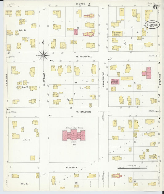 Sanborn Fire Insurance Map from Saint Johns, Clinton County, Michigan (1908), Sheet #0006 - Historic Sanborn Fire Insurance Map Print, vintage old map wall art, antique decor, genealogy gift, Michigan Michigan map