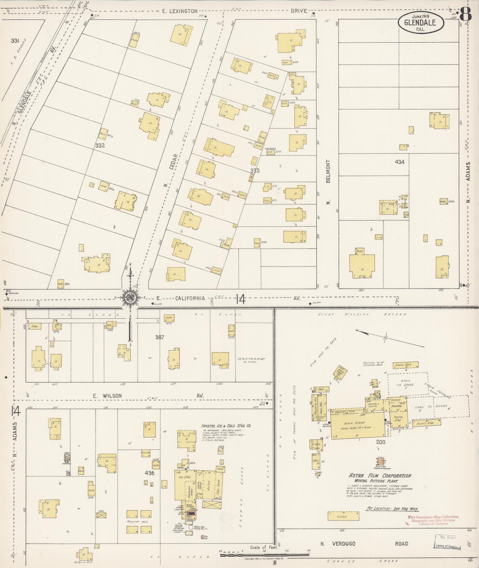 Sanborn Fire Insurance Map from Glendale, Los Angeles County, California (1919), Sheet #0008 - Historic Sanborn Fire Insurance Map Print, vintage old map wall art, antique decor, genealogy gift, California California map