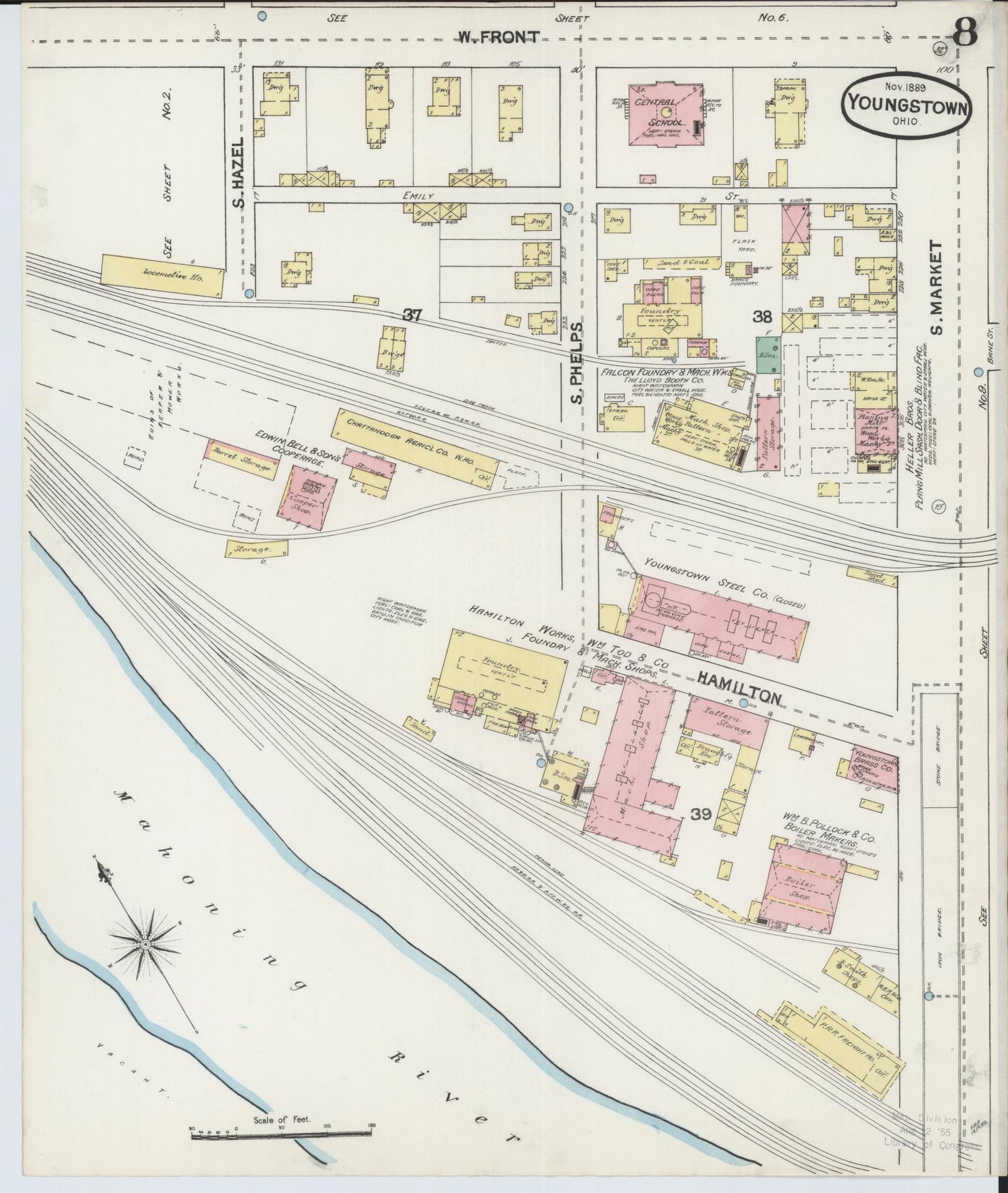 Sanborn Fire Insurance Map from Youngstown, Mahoning County, Ohio (1889), Sheet #0008 - Historic Sanborn Fire Insurance Map Print, vintage old map wall art, antique decor, genealogy gift, Ohio Ohio map