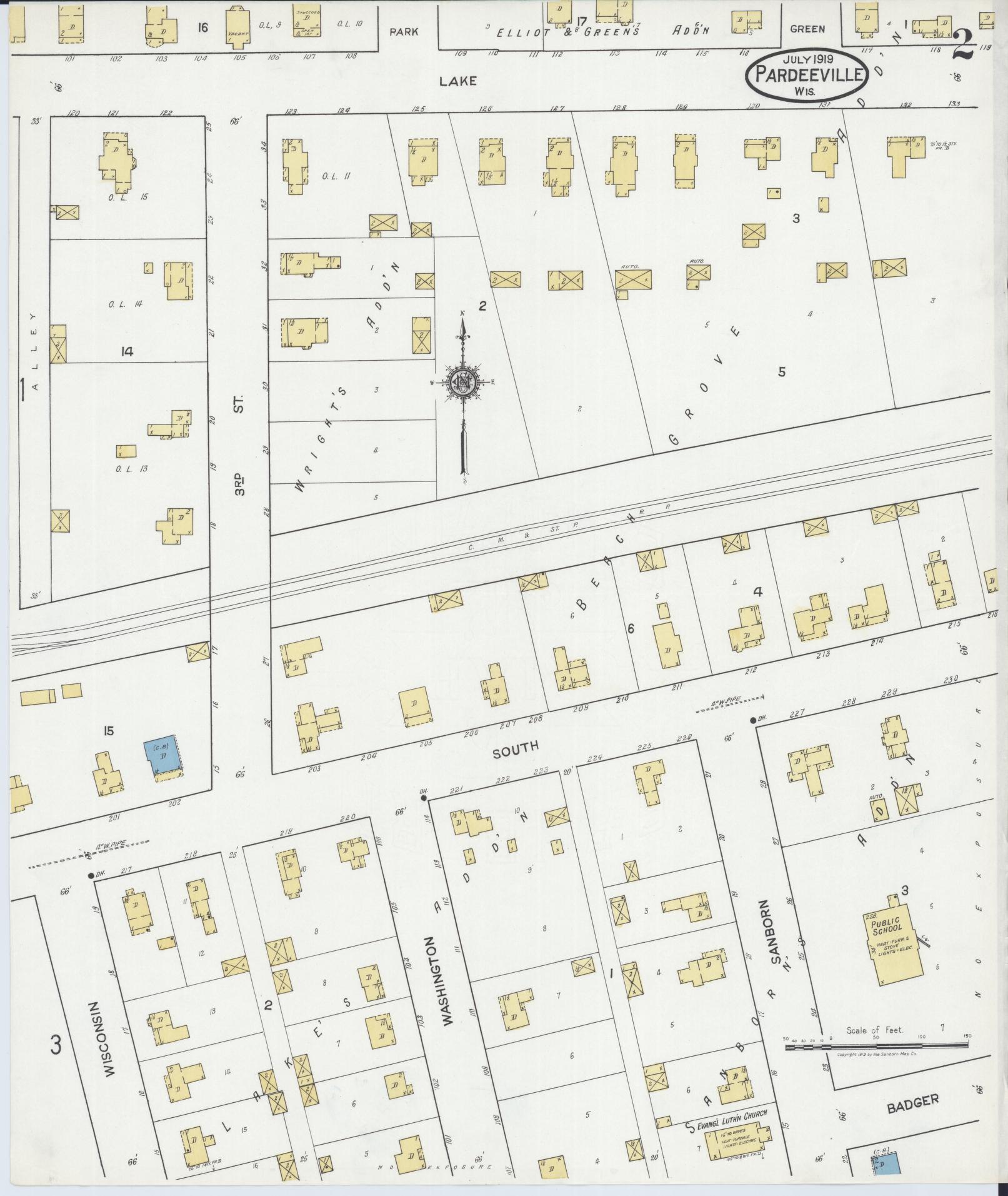 Sanborn Fire Insurance Map from Pardeeville, Columbia County, Wisconsin (1919), Sheet #0002 - Historic Sanborn Fire Insurance Map Print, vintage old map wall art, antique decor, genealogy gift, Wisconsin Wisconsin map