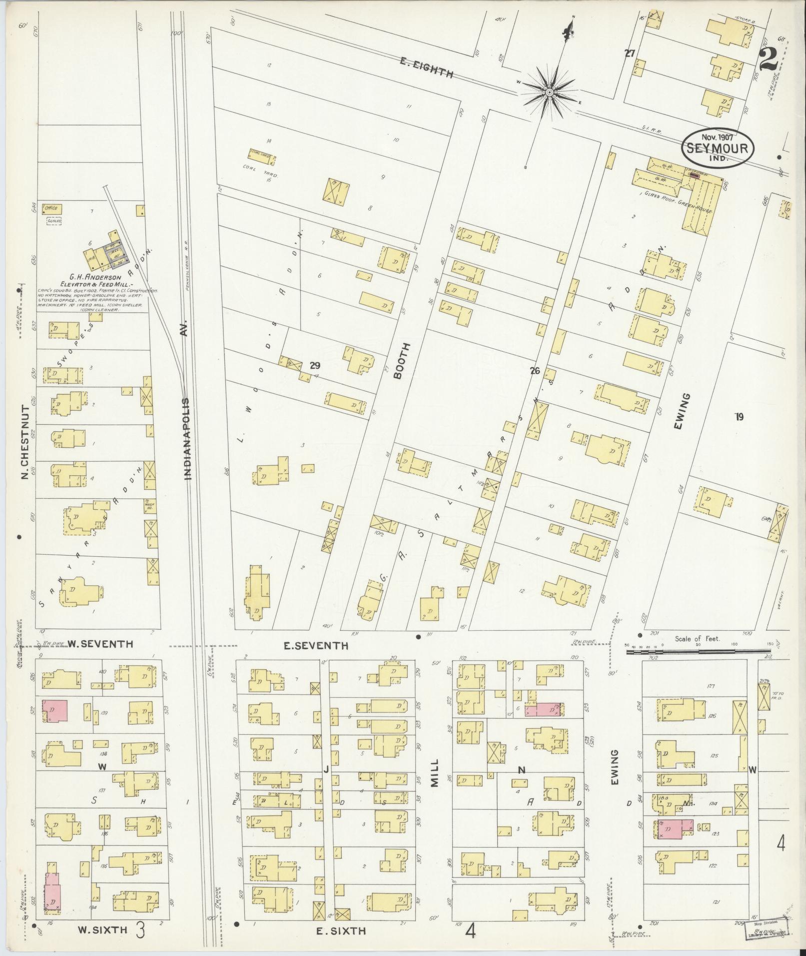 Sanborn Fire Insurance Map from Seymour, Jackson County, Indiana (1907), Sheet #0002 - Complete Map Set gallery image, historic Sanborn map, vintage wall art, Indiana Indiana