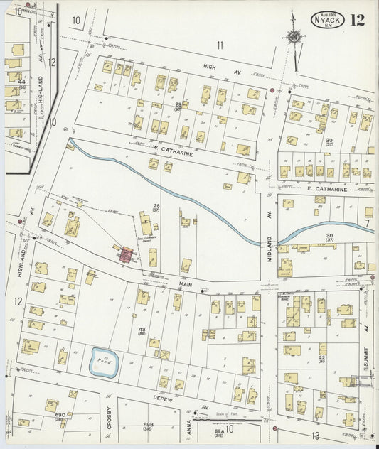 Sanborn Fire Insurance Map from Nyack, Rockland County, New York (1919), Sheet #0012 - Historic Sanborn Fire Insurance Map Print, vintage old map wall art, antique decor, genealogy gift, New York New York map