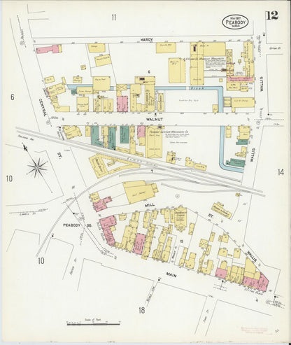 Sanborn Fire Insurance Map from Peabody, Essex County, Massachusetts (1907), Sheet #0012 - Historic Sanborn Fire Insurance Map Print, vintage old map wall art, antique decor, genealogy gift, Massachusetts Massachusetts map