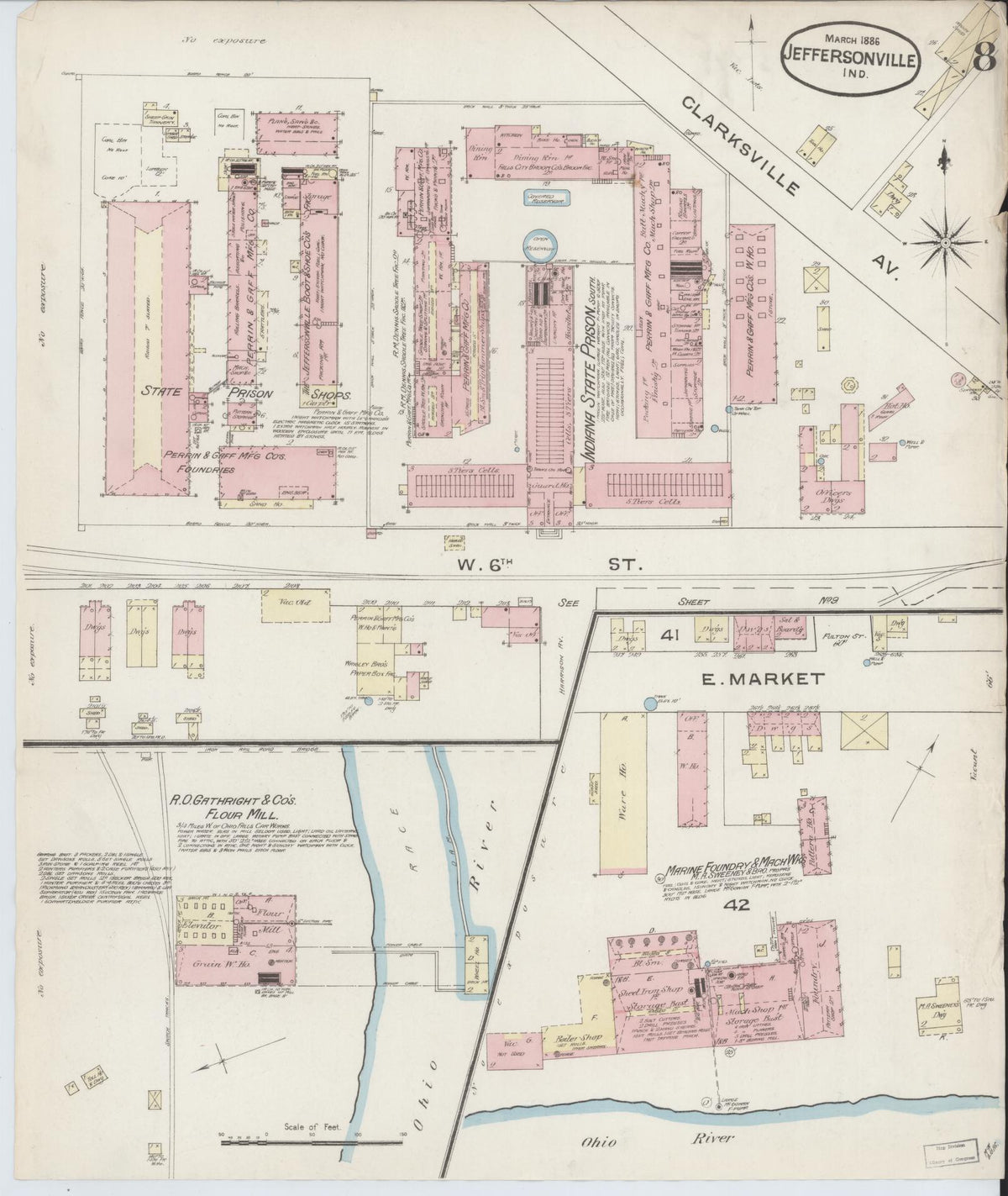 Sanborn Fire Insurance Map from Jeffersonville, Clark County, Indiana (1886), Sheet #0008 - Historic Sanborn Fire Insurance Map Print, vintage old map wall art, antique decor, genealogy gift, Indiana Indiana map