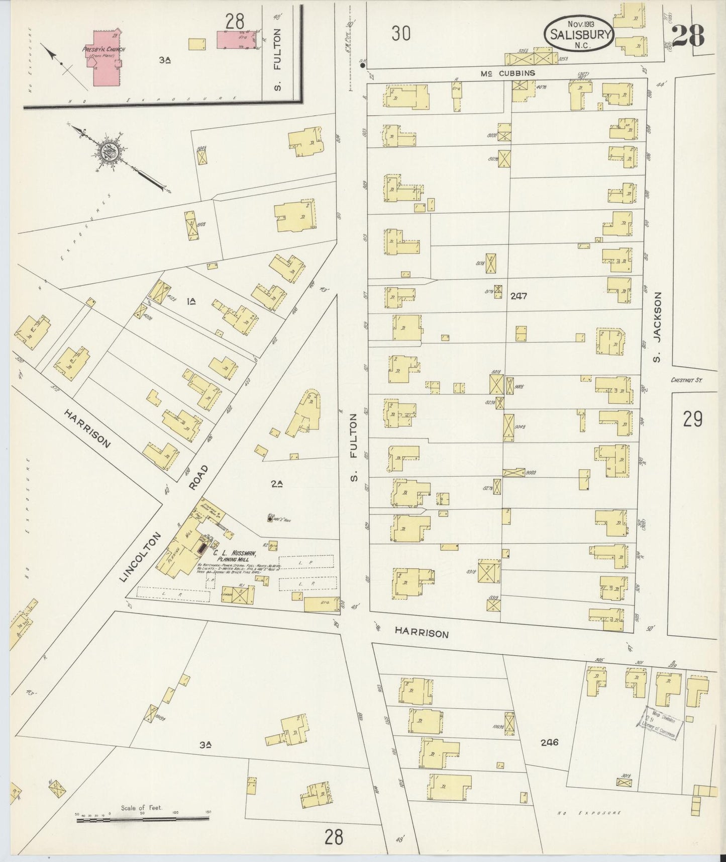 Sanborn Fire Insurance Map from Salisbury, Rowan County, North Carolina (1913), Sheet #0028 - Complete Map Set gallery image, historic Sanborn map, vintage wall art, North Carolina North Carolina