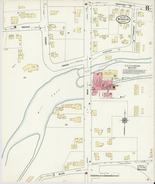 Sanborn Fire Insurance Map from Monson, Hampden County, Massachusetts (1911), Sheet #0008 - Historic Sanborn Fire Insurance Map Print, vintage old map wall art, antique decor, genealogy gift, Massachusetts Massachusetts map