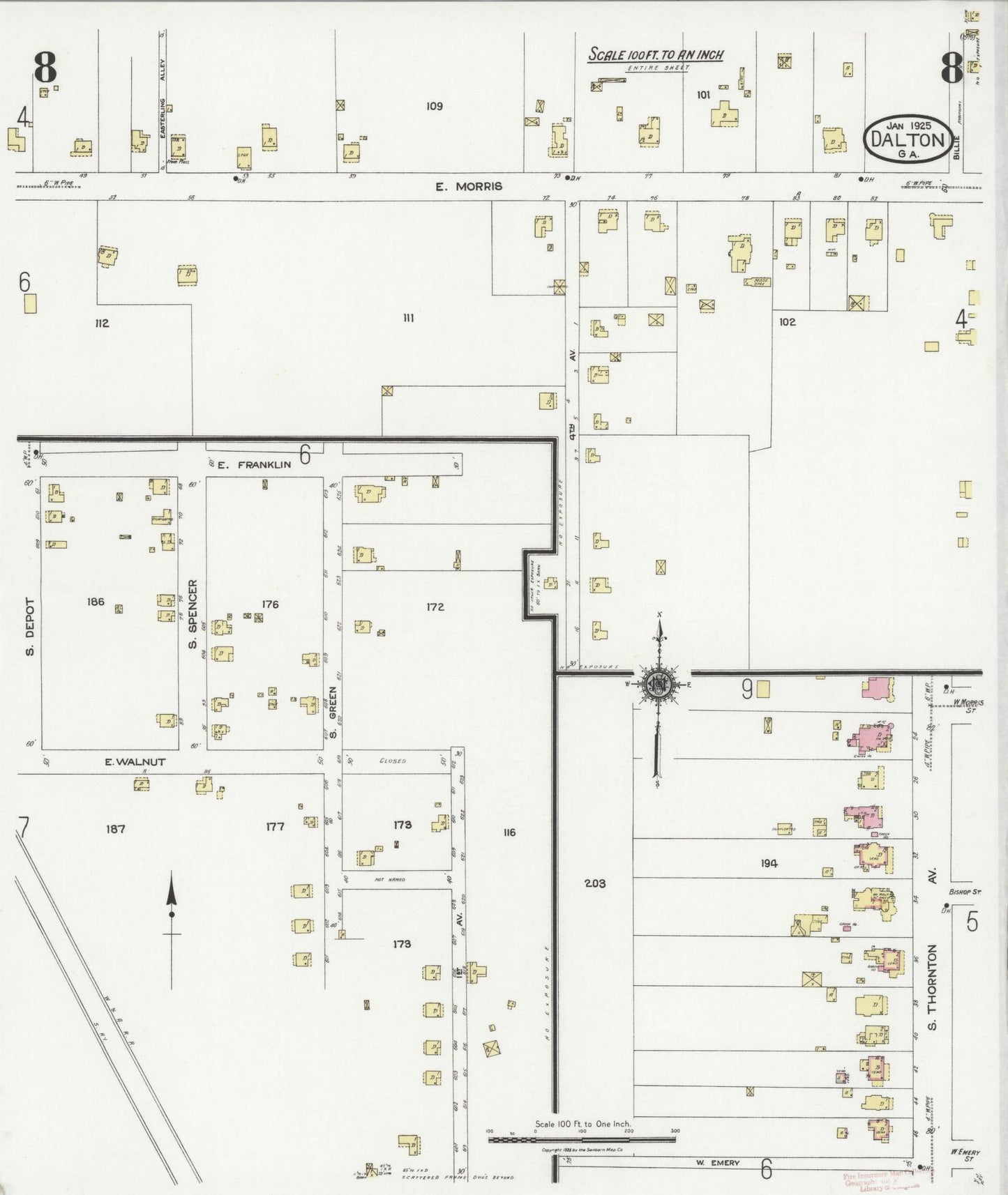 Sanborn Fire Insurance Map from Dalton, Whitfield County, Georgia (1925), Sheet #0008 - Historic Sanborn Fire Insurance Map Print, vintage old map wall art, antique decor, genealogy gift, Georgia Georgia map