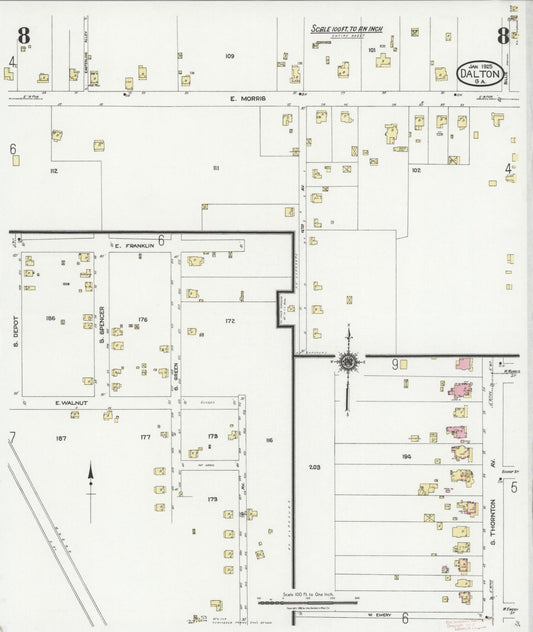 Sanborn Fire Insurance Map from Dalton, Whitfield County, Georgia (1925), Sheet #0008 - Historic Sanborn Fire Insurance Map Print, vintage old map wall art, antique decor, genealogy gift, Georgia Georgia map