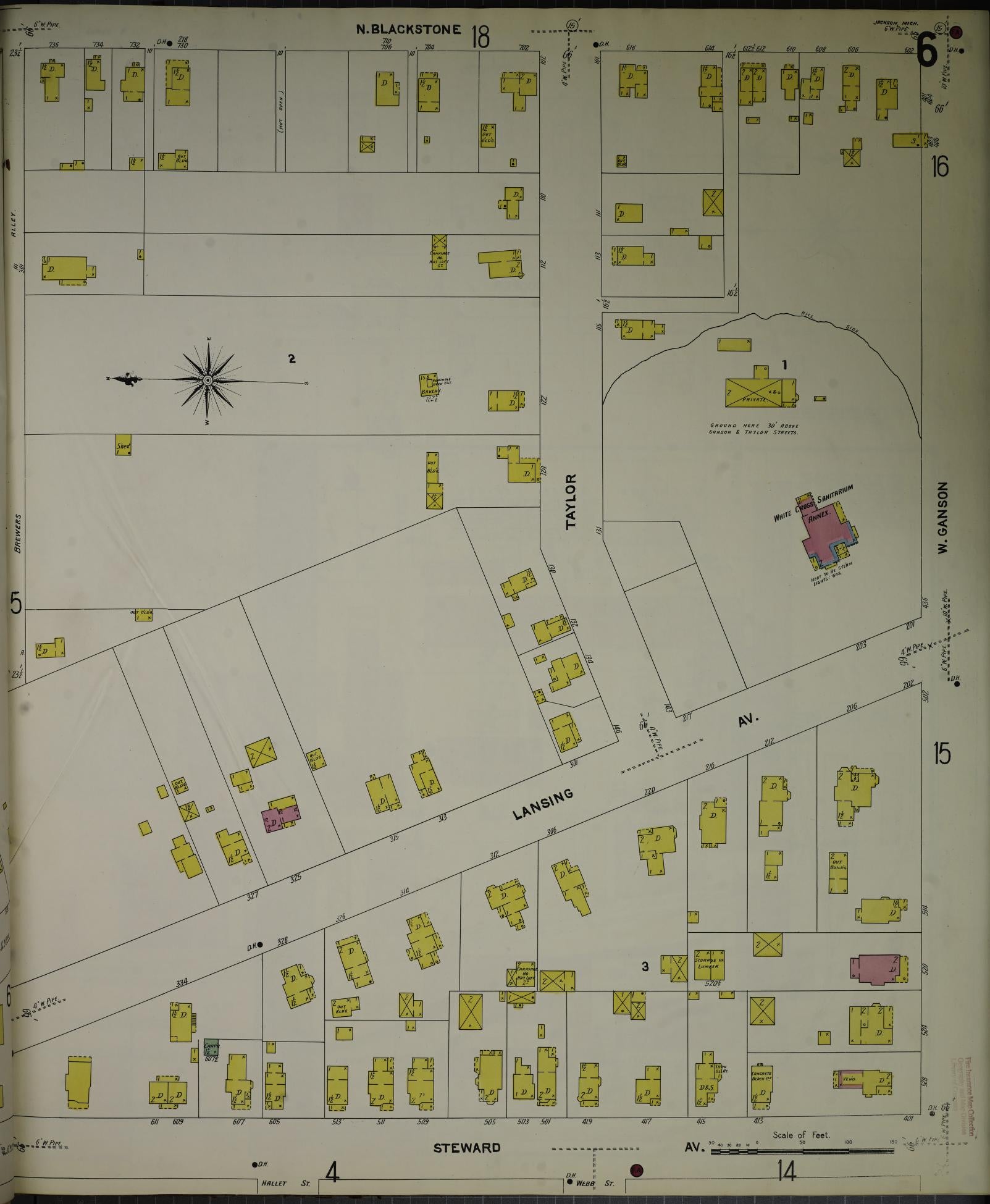 Sanborn Fire Insurance Map from Jackson, Jackson County, Michigan (1907), Sheet #0006 - Historic Sanborn Fire Insurance Map Print, vintage old map wall art, antique decor, genealogy gift, Michigan Michigan map