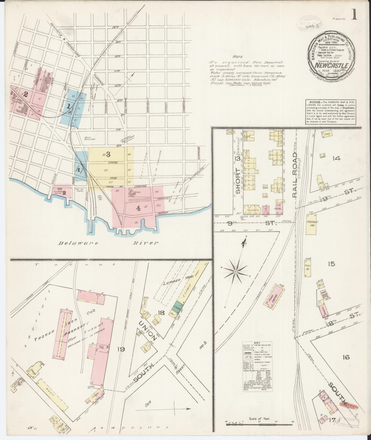 Sanborn Fire Insurance Map from New Castle, New Castle County, Delaware (1885), Sheet #0001 - Historic Sanborn Fire Insurance Map Print, vintage old map wall art, antique decor, genealogy gift, Delaware Delaware map