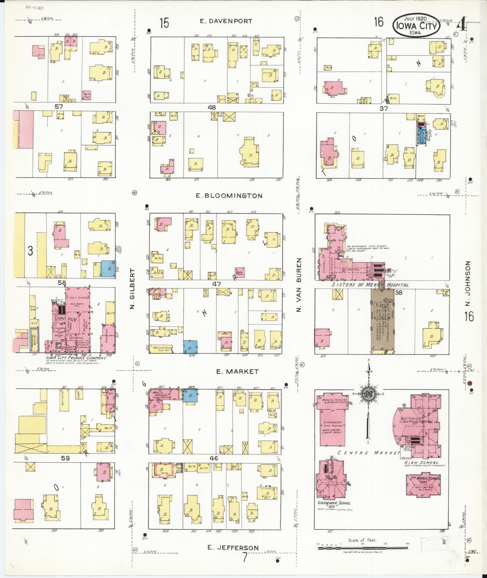 Sanborn Fire Insurance Map from Iowa City, Johnson County, Iowa (1920), Sheet #0004 - Historic Sanborn Fire Insurance Map Print, vintage old map wall art