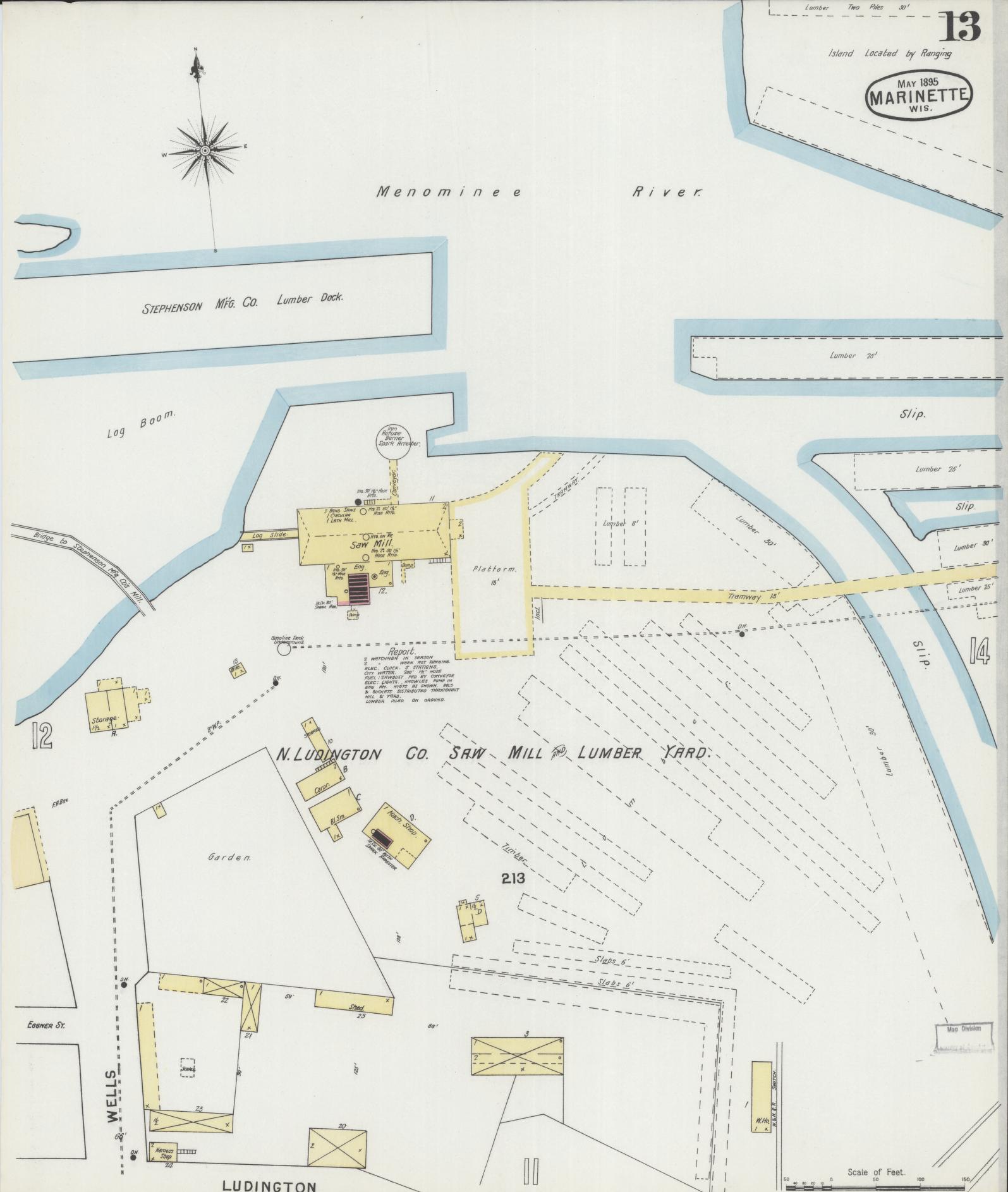Sanborn Fire Insurance Map from Marinette, Marinette County, Wisconsin (1895), Sheet #0013 - Historic Sanborn Fire Insurance Map Print, vintage old map wall art, antique decor, genealogy gift, Wisconsin Wisconsin map