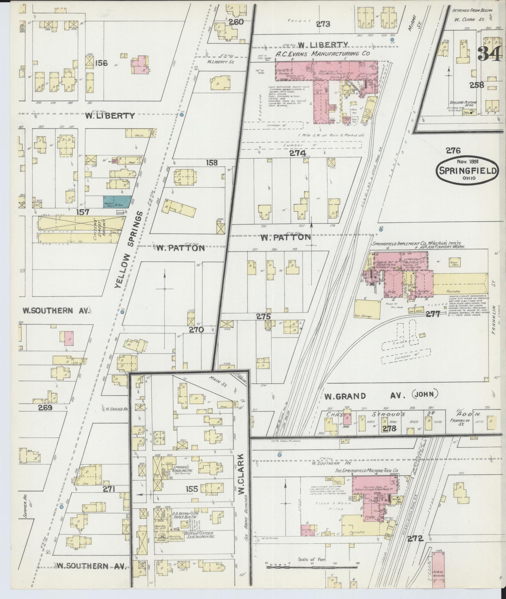 Sanborn Fire Insurance Map from Springfield, Clark County, Ohio (1891), Sheet #0034 - Complete Map Set gallery image, historic Sanborn map, vintage wall art, Ohio Ohio