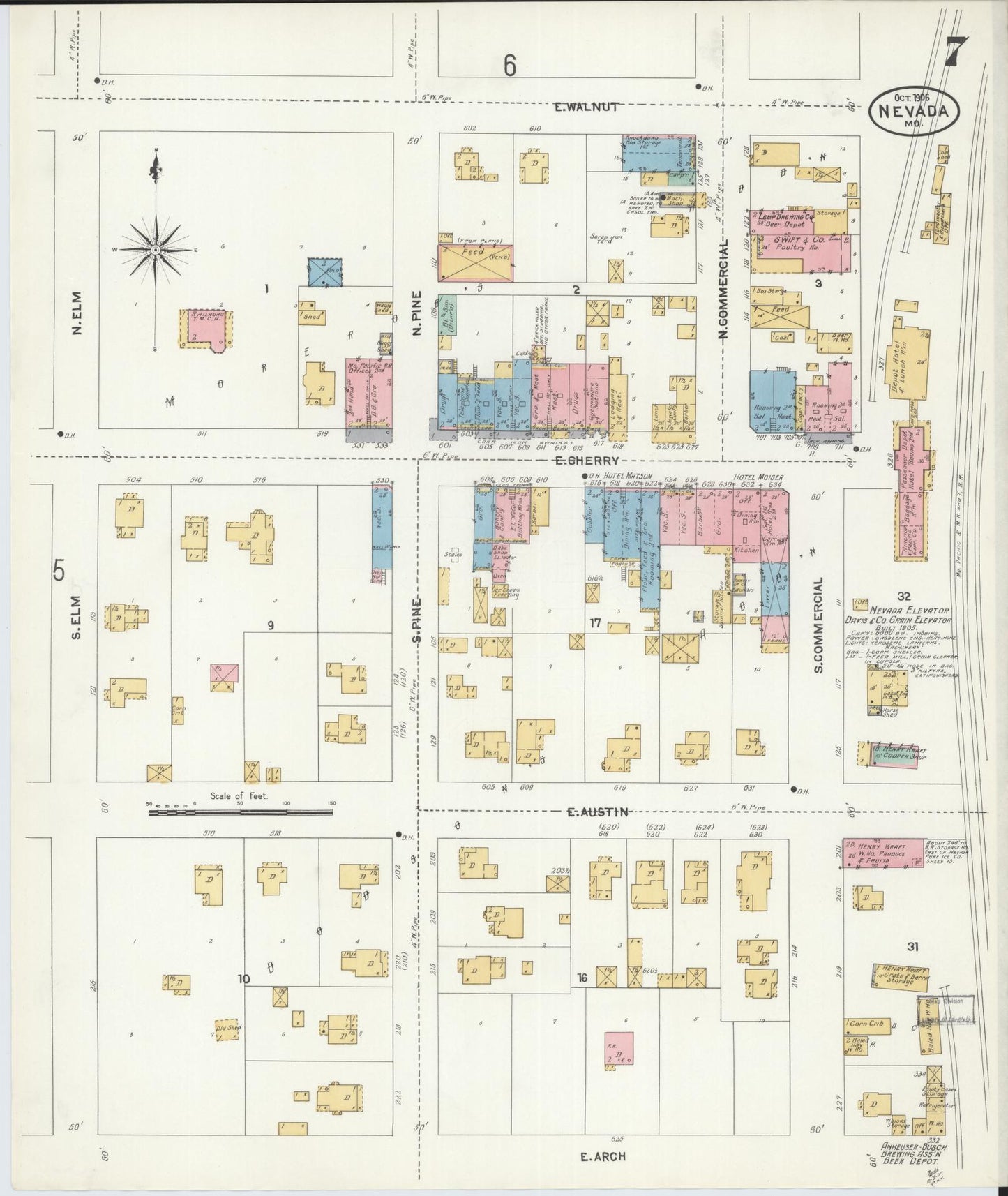 Sanborn Fire Insurance Map from Nevada, Vernon County, Missouri (1906), Sheet #0007 - Historic Sanborn Fire Insurance Map Print, vintage old map wall art, antique decor, genealogy gift, Nevada Nevada map