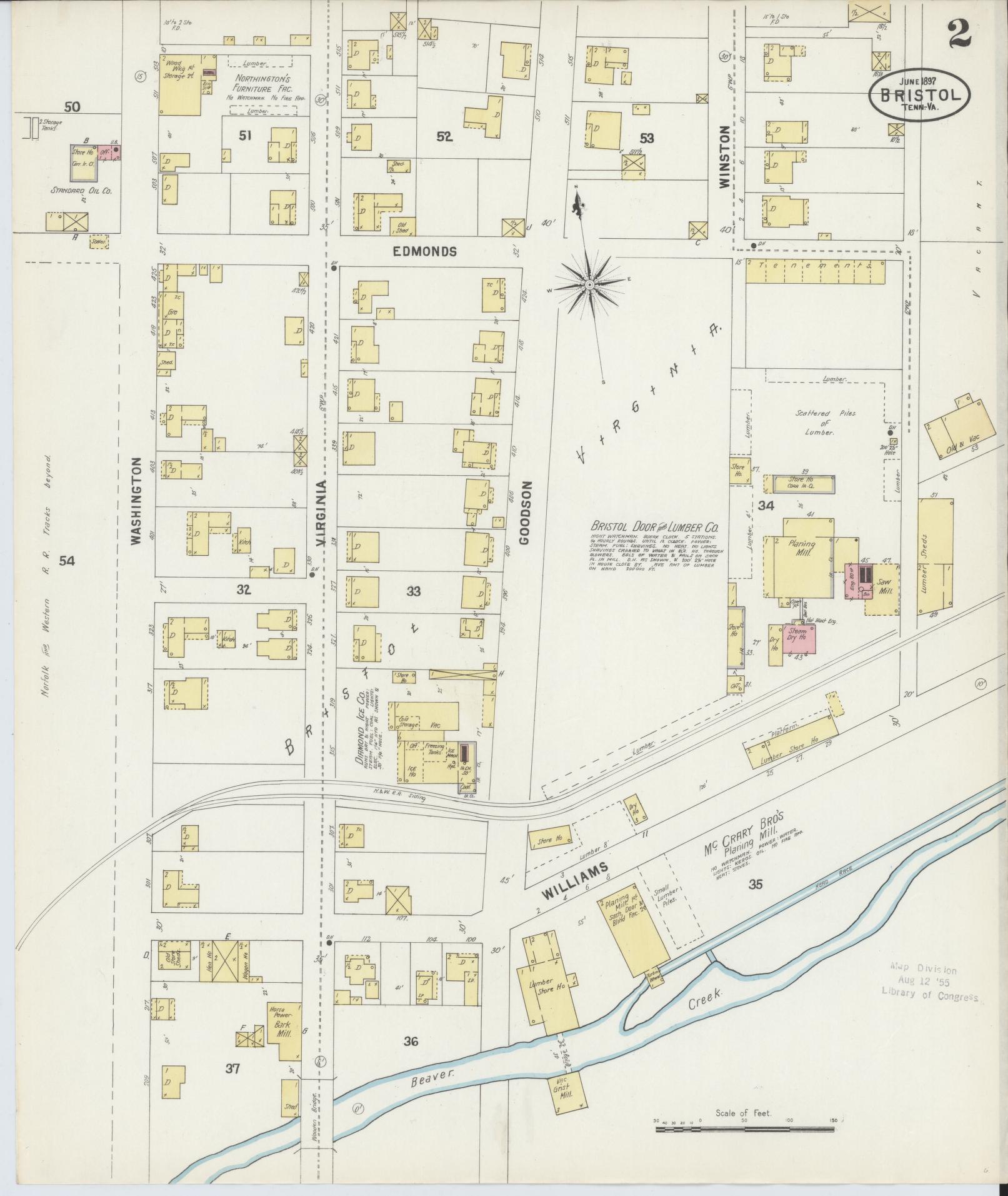 Sanborn Fire Insurance Map from Bristol, Sullivan County, Tennessee (1898), Sheet #0002 - Historic Sanborn Fire Insurance Map Print, vintage old map wall art, antique decor, genealogy gift, Tennessee Tennessee map