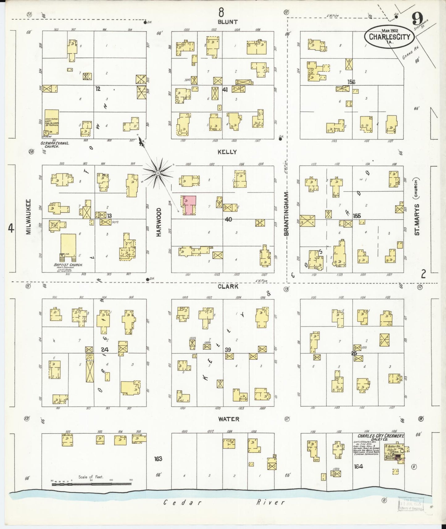 Sanborn Fire Insurance Map from Charles City, Floyd County, Iowa (1902), Sheet #0009 - Historic Sanborn Fire Insurance Map Print, vintage old map wall art