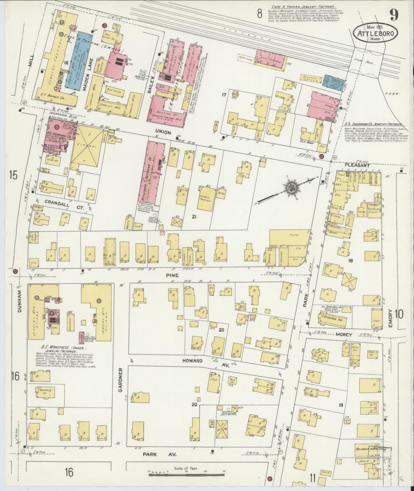 Sanborn Fire Insurance Map from Attleboro, Bristol County, Massachusetts (1911), Sheet #0009 - Historic Sanborn Fire Insurance Map Print, vintage old map wall art, antique decor, genealogy gift, Massachusetts Massachusetts map
