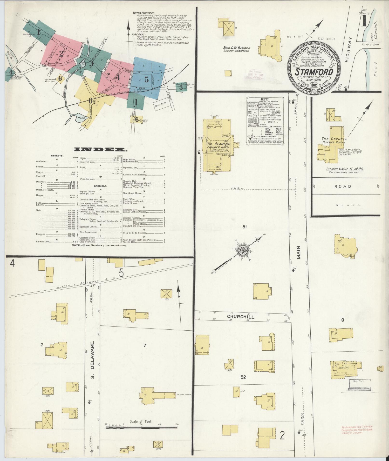 Sanborn Fire Insurance Map from Stamford, Delaware County, New York (1912), Sheet #0001 - Complete Map Set gallery image, historic Sanborn map, vintage wall art, Stamford Delaware